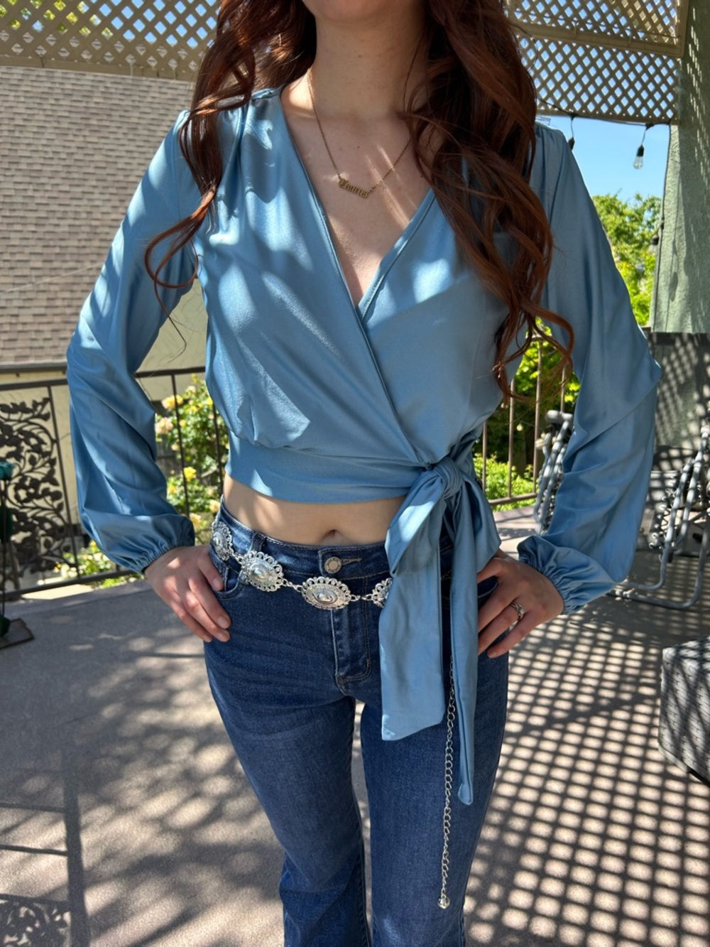 Light Blue Wrap Tie Long-Sleeve Crop Top